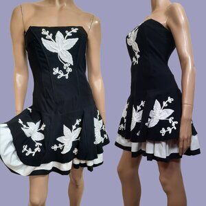 Y2K Strapless Fit Flare Mini Dress M Black White Floral applique Gothic Fairy